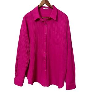 Hot Pink Pleated Crinkle Button Down Shirt Oversized Long Sleeve XL Pocket